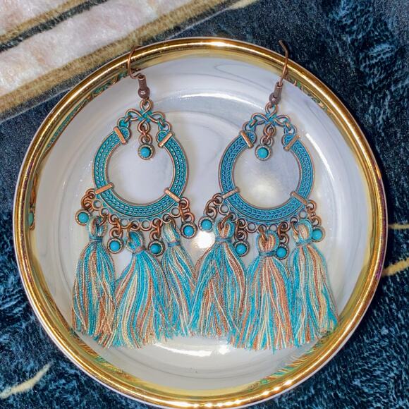 New Fringe Beaded Rustic Ornate Boho New‎ Native Turquoise Dangle Earrings - Picture 1 of 1